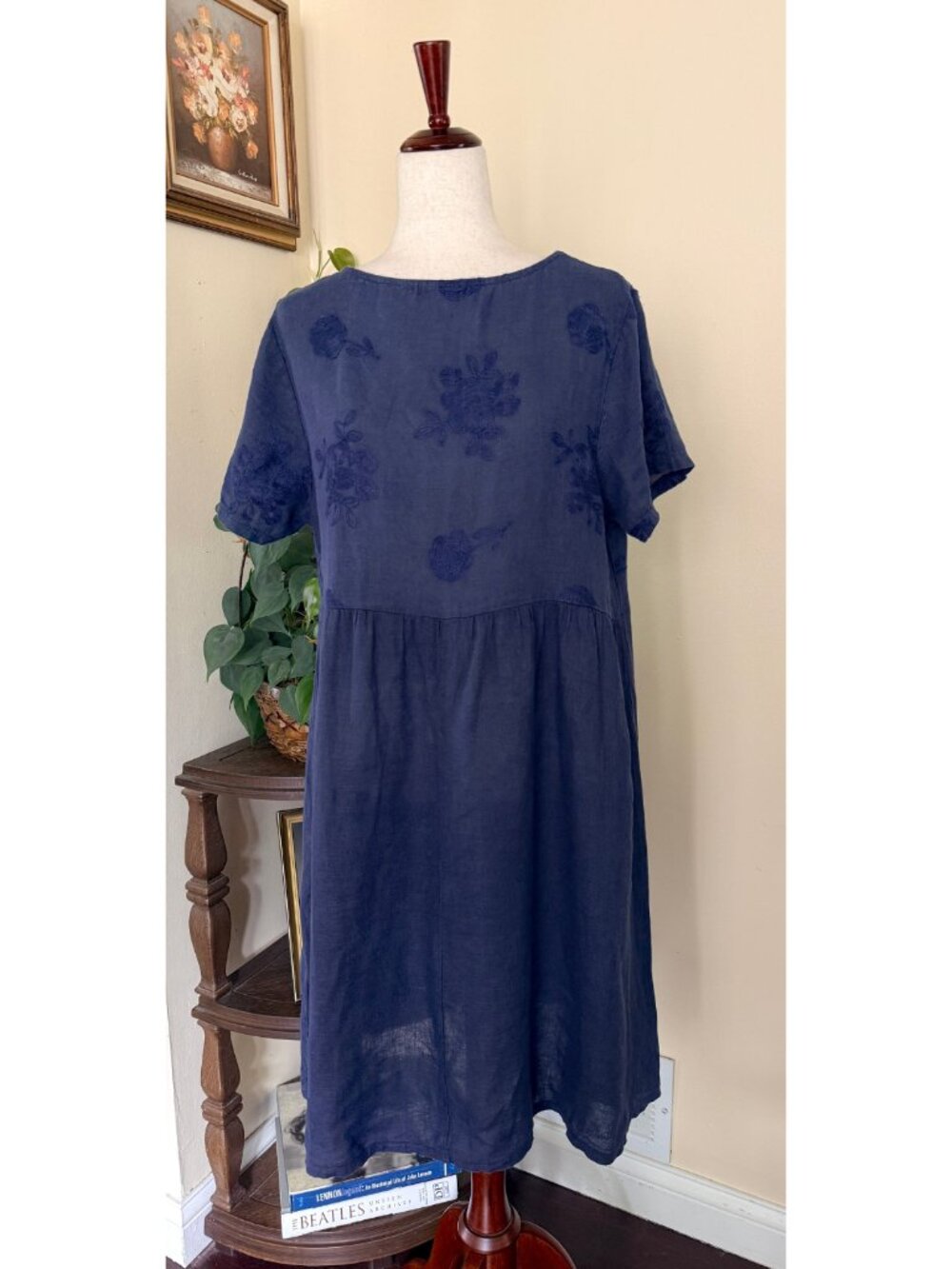 Terzo Millennio Blue Linen Dress Embroidered Flower sz M Made in Italy